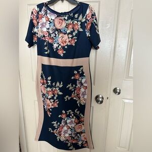 SHEIN Navy Floral Midi Dress with Blush Panels